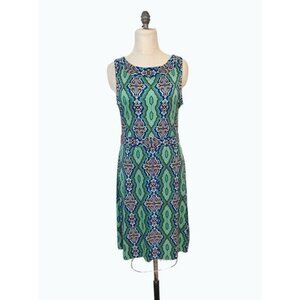 Tory Burch Silk Green Blue Hawaiian Sleeveless Tribal print Dress Large